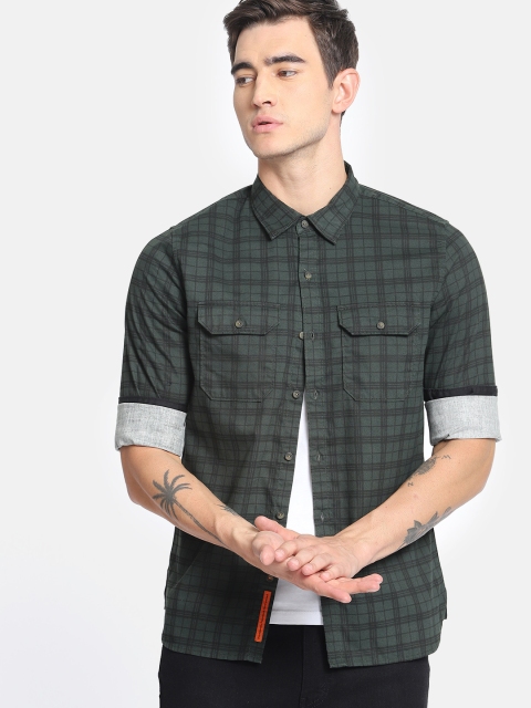 

SINGLE Men Green Slim Fit Checked Casual Shirt