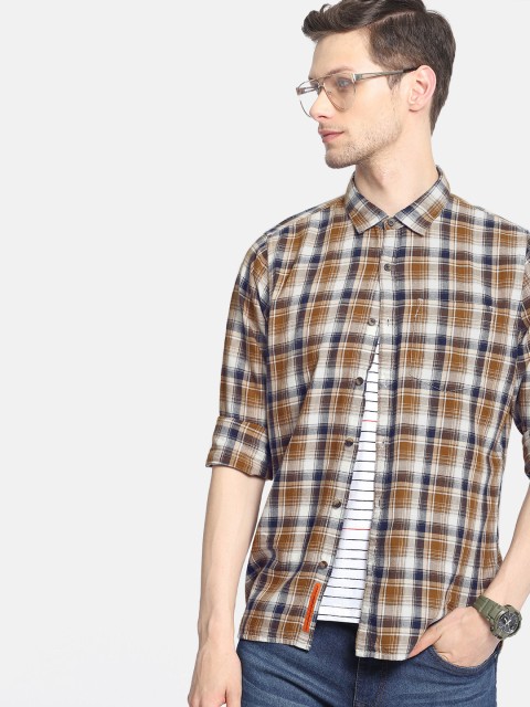 

SINGLE Men Khaki & Off-White Slim Fit Checked Casual Shirt