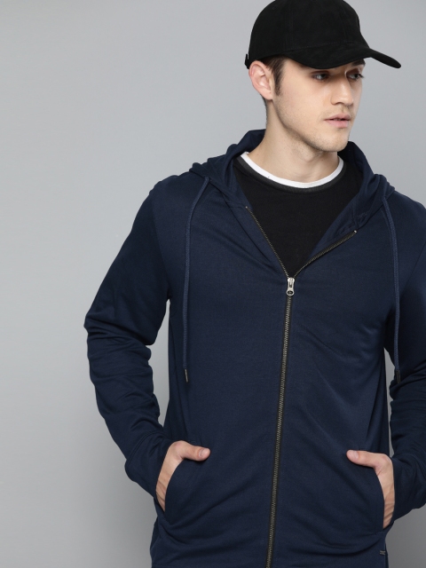 

SINGLE Men Navy Blue Solid Hooded Sweatshirt