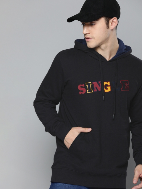 

SINGLE Men Black Printed Hooded Sweatshirt