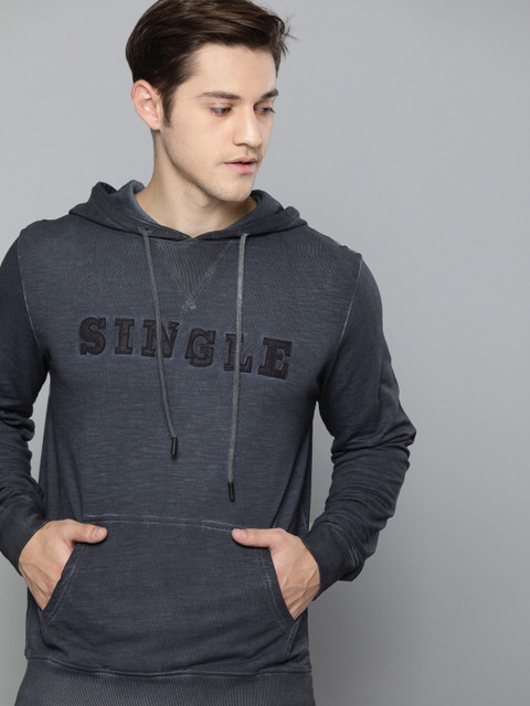 

SINGLE Men Navy Blue Printed Hooded Sweatshirt