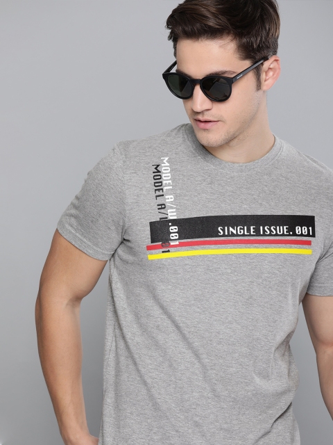 

SINGLE Men Grey Printed Slim Fit Round Neck T-shirt
