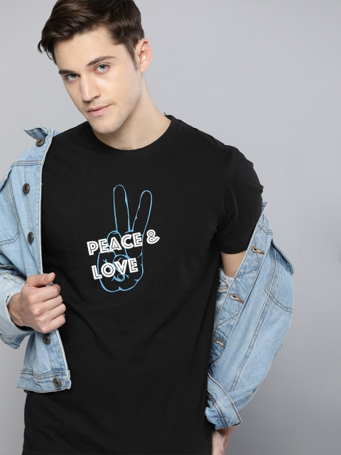 

SINGLE Men Black Printed Round Neck Pure Cotton T-shirt