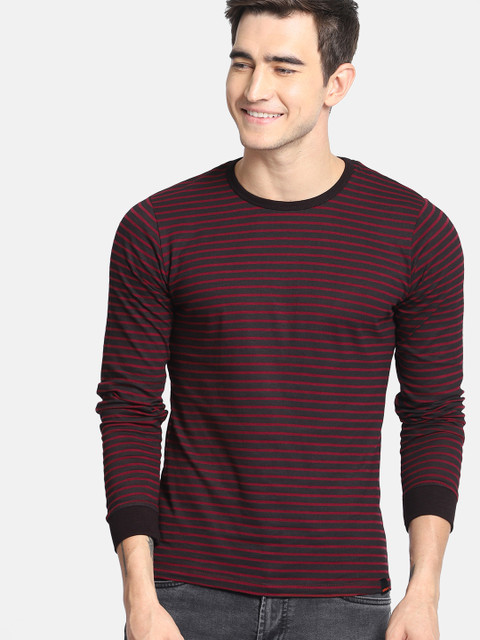 

SINGLE Men Black & Maroon Striped Round Neck T-shirt