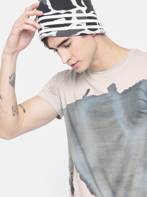 

SINGLE Men Grey & Blue Printed Round Neck T-shirt