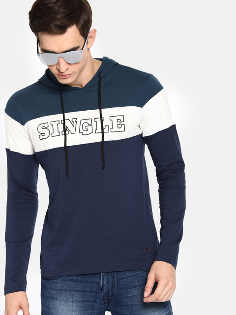

SINGLE Men Navy Blue White & Teal Green Colourblocked Hood T-shirt