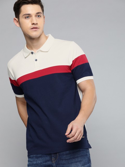 

SINGLE Men Navy Blue & White Colourblocked Polo Collar T-shirt