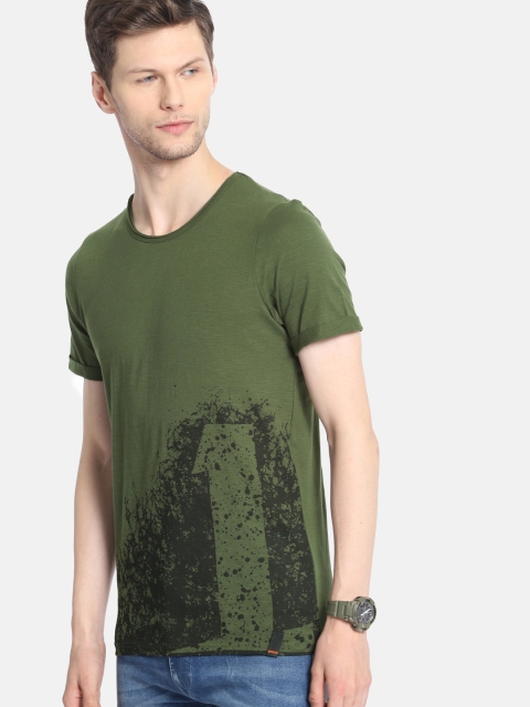 

SINGLE Men Olive Green Printed Round Neck T-shirt