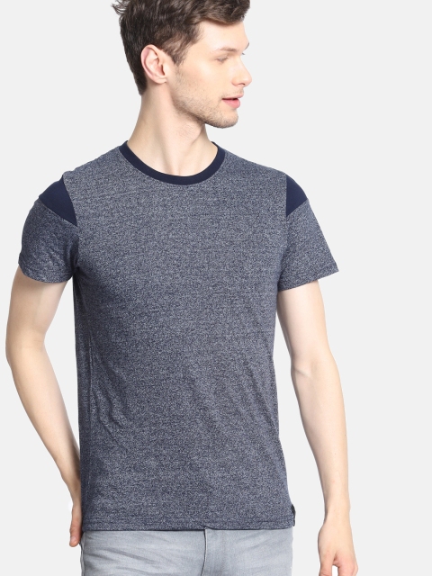 

SINGLE Men Navy Blue Melange Solid Round Neck T-shirt