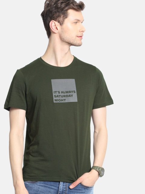 

SINGLE Men Olive Green Printed Round Neck T-shirt