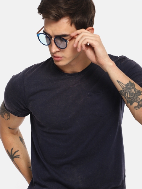 

SINGLE Men Navy Blue Solid Round Neck T-shirt