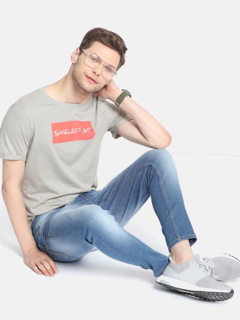 

SINGLE Men Grey Orange Printed Round Neck Pure Cotton T-shirt