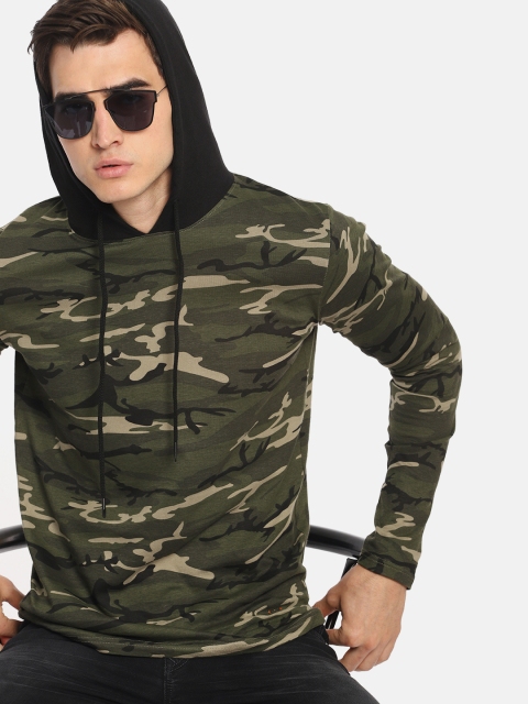 

SINGLE Men Olive Green Printed Hooded T-shirt