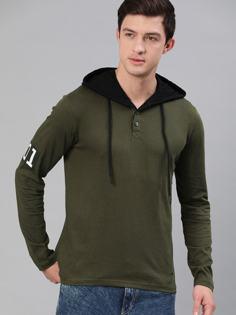 

SINGLE Men Olive Green Regular Fit Solid Hood T-shirt