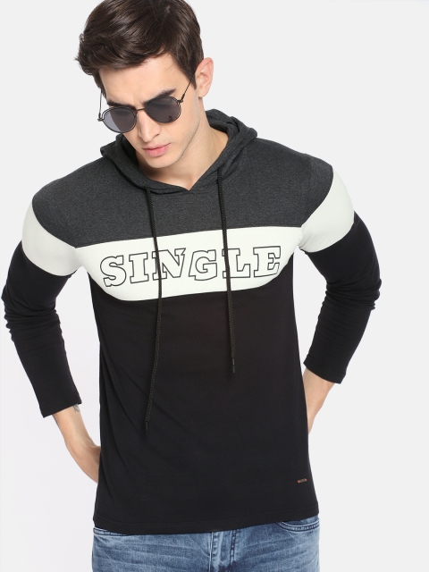 

SINGLE Men Charcoal Grey & Black Printed Hood T-shirt