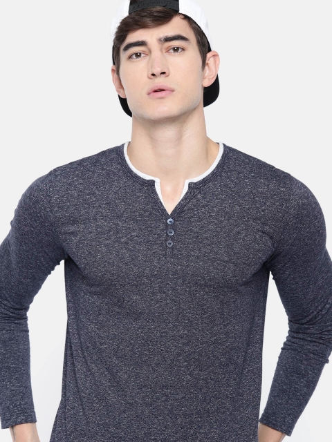 

SINGLE Men Navy Blue Solid Henley Neck T-shirt