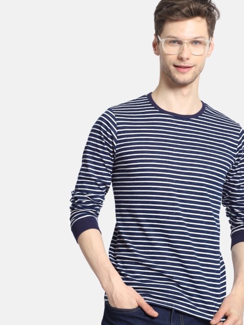 

SINGLE Men Navy Blue & White Striped Round Neck T-shirt