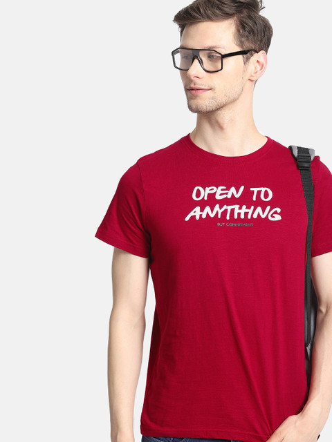 

SINGLE Men Red White Printed Round Neck Pure Cotton T-shirt