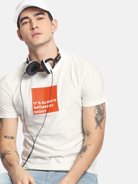 

SINGLE Men White Printed Round Neck Pure Cotton T-shirt