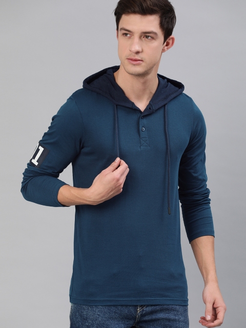 

SINGLE Men Teal Blue Solid Hooded Pure Cotton T-shirt