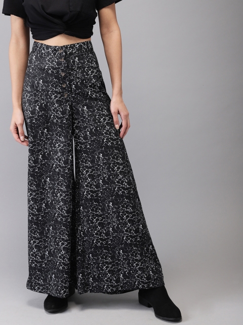

HERE&NOW Women Black & White Printed Flared Palazzos