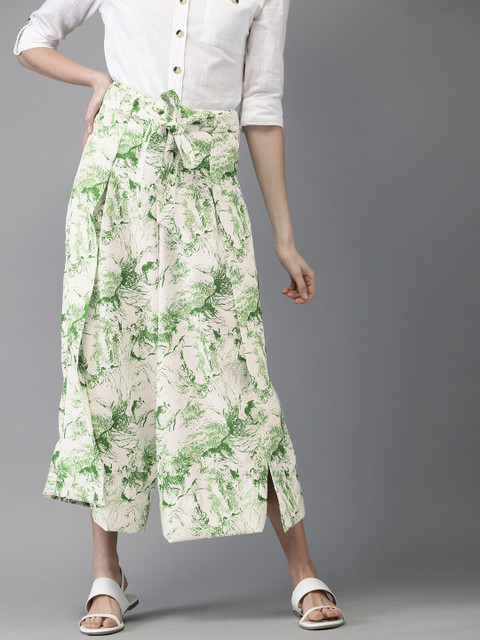 

HERE&NOW Women White & Green Regular Fit Printed Parallel Trousers
