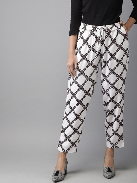 

HERE&NOW Women White & Black Regular Fit Printed Regular Trousers