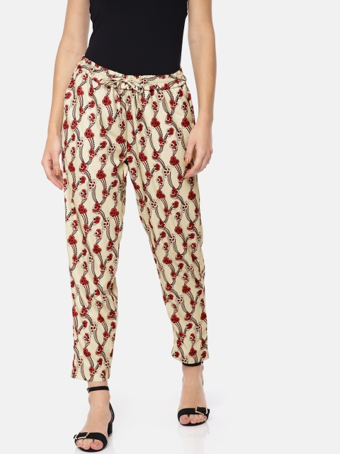 

HERE&NOW Women Beige Loose Fit Printed Regular Trousers