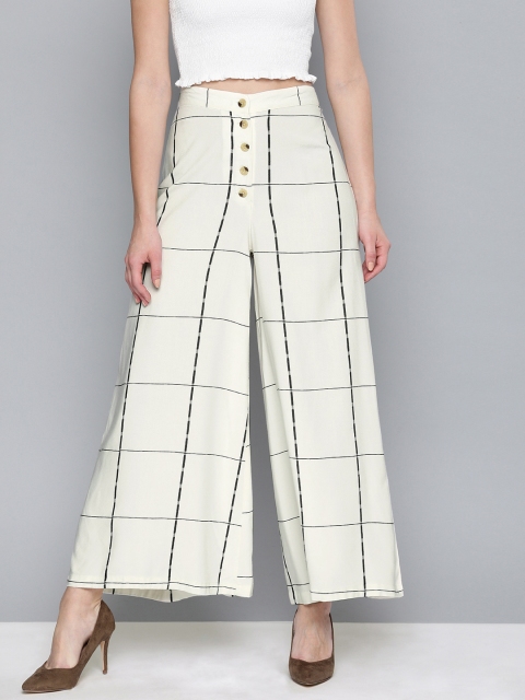 

HERE&NOW Women Off-White & Black Checked Flared Trousers