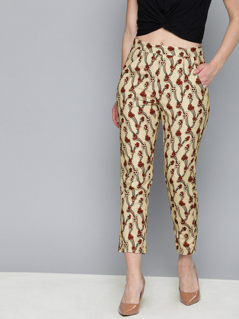 

HERE&NOW Women Beige & Maroon Regular Fit Printed Cropped Cigarette Trousers