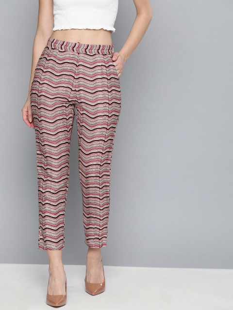 

HERE&NOW Women White & Burgundy Regular Fit Striped Cropped Cigarette Trousers