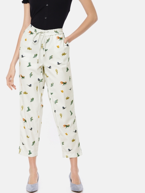 

HERE&NOW Women Off-White Loose Fit Printed Regular Trousers