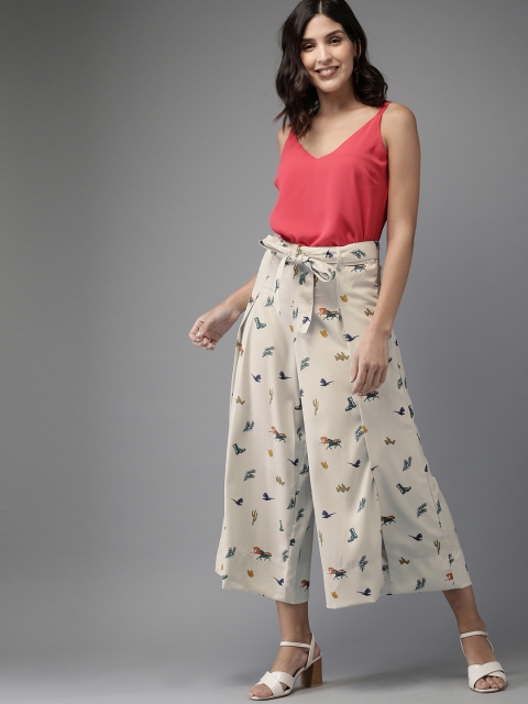 

HERE&NOW Women Off-White & Teal Green Regular Fit Printed Parallel Trousers