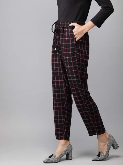 

HERE&NOW Women Black & Pink Regular Fit Checked Regular Trousers