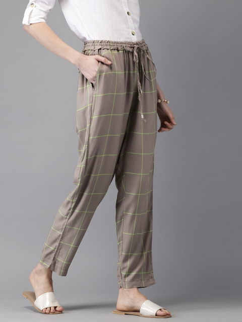 

HERE&NOW Women Brown & Green Regular Fit Checked Regular Trousers