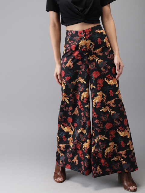 

HERE&NOW Women Black & Beige Printed Flared Palazzos