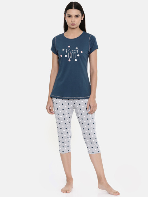 

Sweet Dreams Women Navy Blue & Grey Melange Printed Night suit
