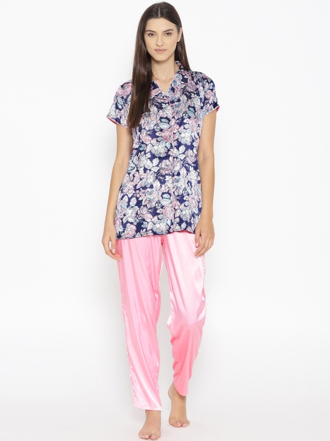 

Sweet Dreams Women Blue & Pink Satin Finish Printed Night Suit