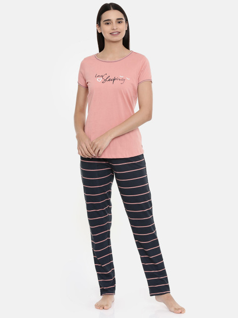 

Sweet Dreams Women Pink & Navy Blue Printed Night Suit