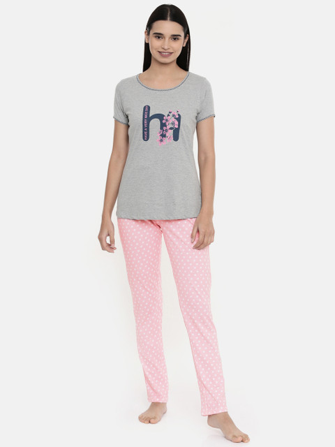 

Sweet Dreams Women Grey Melange & Pink Printed Night Suit