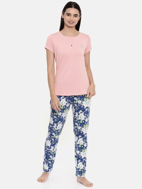 

Sweet Dreams Women Pink & Navy Blue Solid Night suit