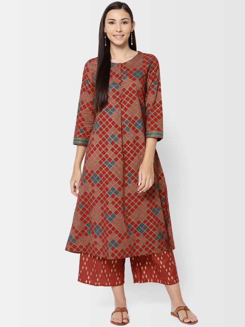 

Fabindia Women Maroon & Blue Printed Slim Fit A-Line Kurta