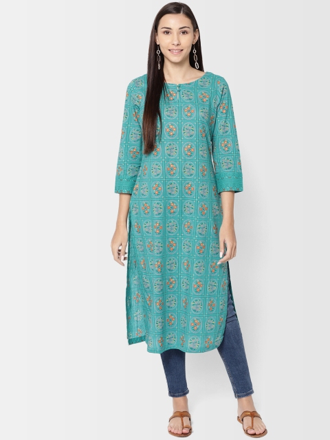 

Fabindia Women Turquoise Blue & Orange Slim Fit Floral Printed Straight Kurta