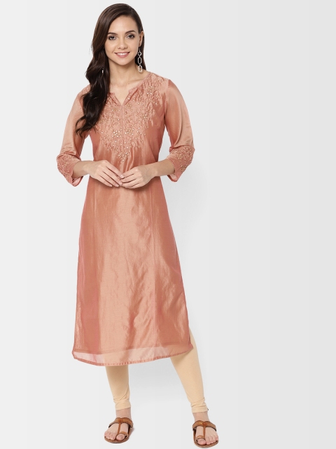 

Fabindia Women Peach-Coloured Yoke Design Applique Detail Straight Kurta