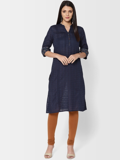 

Fabindia Women Navy Blue Dobby Weave Woven Design Straight Kurta