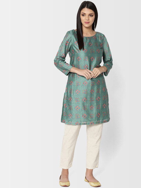 

Fabindia Women Green & Pink Floral Printed Straight Kurta