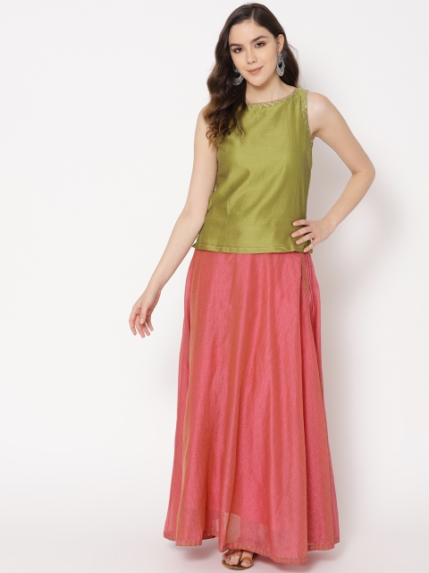 

Fabindia Women Green & Pink Solid Top with Skirt