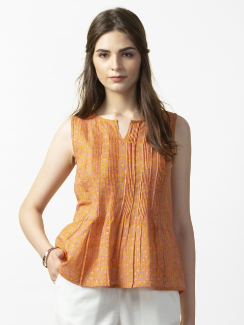

Fabindia Women Mustard Yellow & Pink Handblock Print A-Line Pure Cotton Top