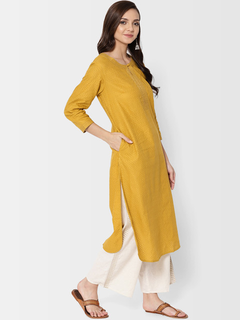 

Fabindia Women Mustard Yellow Woven Design Straight Kurta