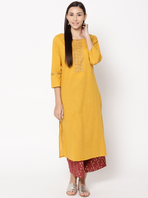 

Fabindia Women Mustard Yellow Yoke Design Straight Kurta